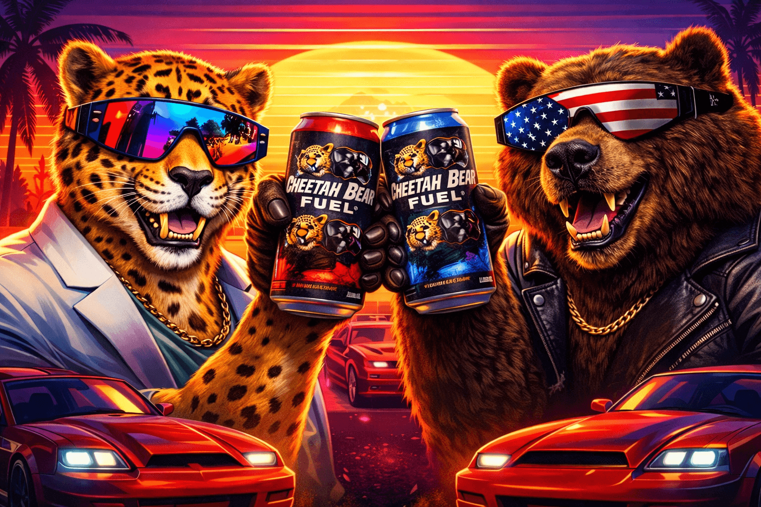 Cheetah Bear Fuel mascots in neon performance style